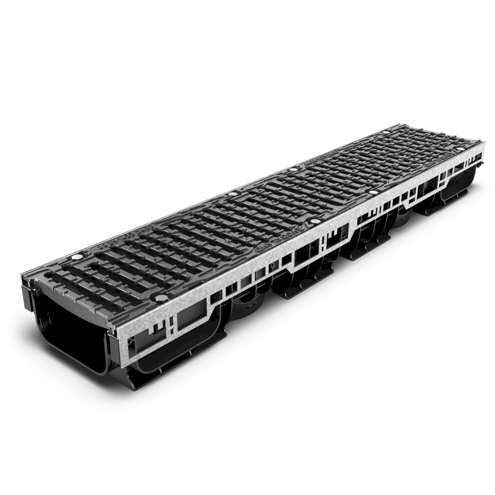 Лоток водоотводной пластиковый PRO DN150 H115 с решеткой чугунной щелевой D400